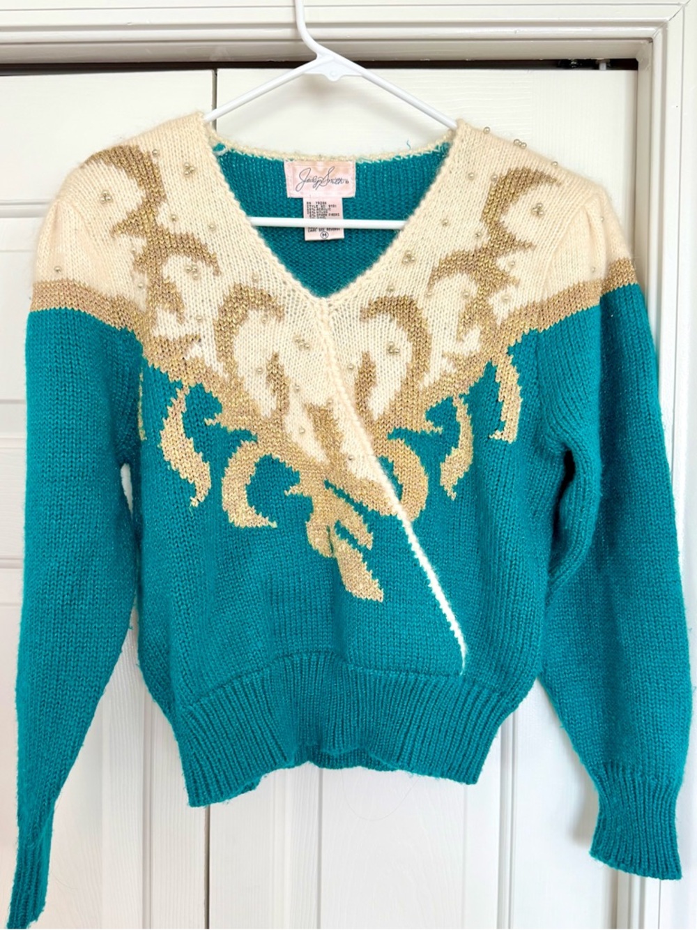 Vintage Jacklyn Smith Beaded Angora Sweater Teal Gold Fits S - Picture 11 of 11